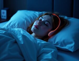 A person sleeping peacefully while wearing smart sleep headphones, representing sleep and wellness wearables from WearableGearTrends.com.