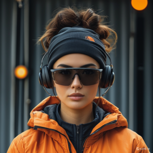 A woman wearing stylish smart sunglasses and a modern jacket, representing fashionable wearable tech available at WearableGearTrends.com.