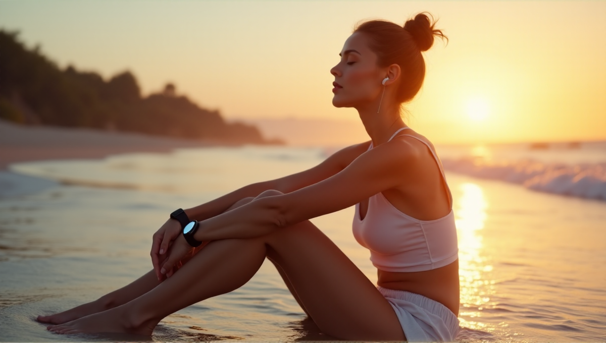 A serene woman sits on a beach at sunrise, wearing a sleek smartwatch and earbuds, listening to soothing music amidst calm ocean waves and misty horizon.