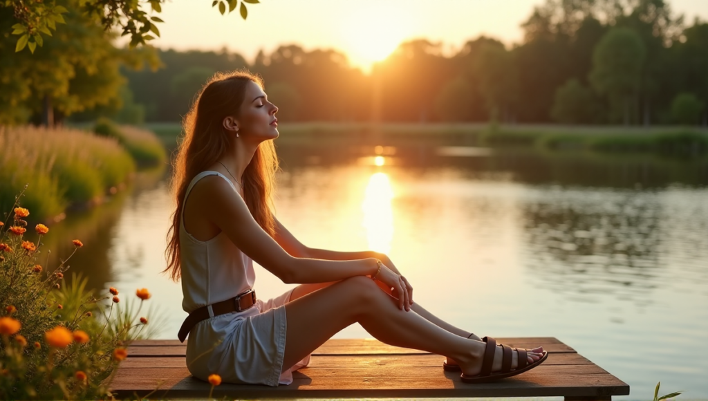 "A serene woman wearing versatile wearables, including a smartwatch with leather strap, fitness tracker, and wireless earbuds case, amidst nature's tranquility, perfecting best wearables for sports and fitness goals."