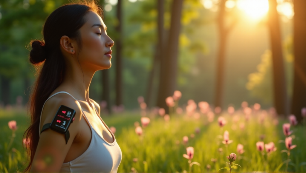 "A person wearing a sleek silver smartwatch with heart rate graph and stress level reading, surrounded by lush greenery in serene natural scenery."