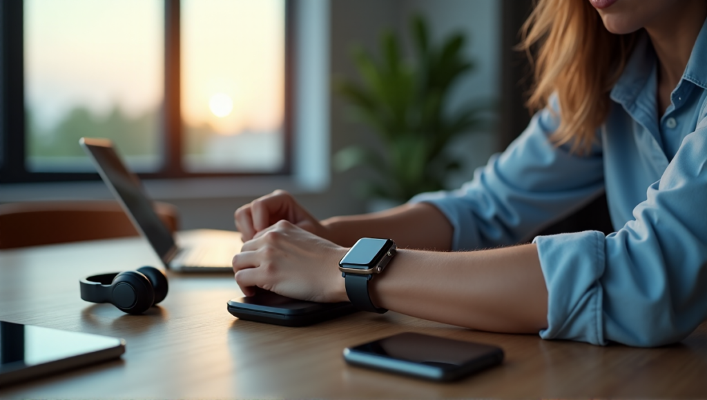 "A person wearing a sleek silver smartwatch checks notifications on their wrist, surrounded by high-tech gadgets in a modern living room with soft natural light."