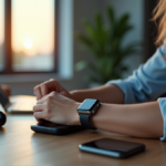 "A person wearing a sleek silver smartwatch checks notifications on their wrist, surrounded by high-tech gadgets in a modern living room with soft natural light."