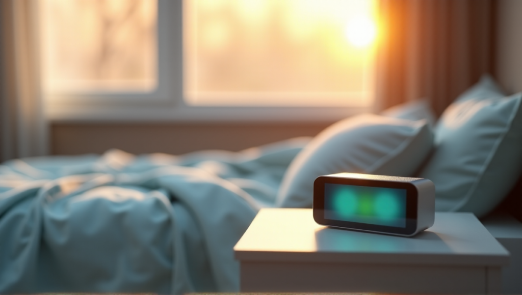 "A sleek silver smart sleep gadget with touchscreen display on a minimalist nightstand in a cozy bedroom, surrounded by soft blue sheets and warm morning light."