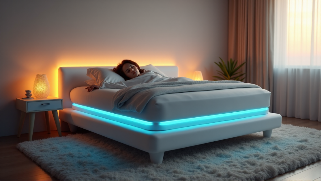 "Serene bedroom at dusk with person on plush bed featuring advanced sleep tech innovations, including LED lights and white noise machine."
