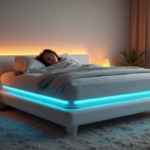 "Serene bedroom at dusk with person on plush bed featuring advanced sleep tech innovations, including LED lights and white noise machine."