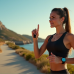 "A young woman stands confidently on a coastal path, wearing sleek black athletic gear, holding an advanced activity tracker device as she gestures towards the horizon."