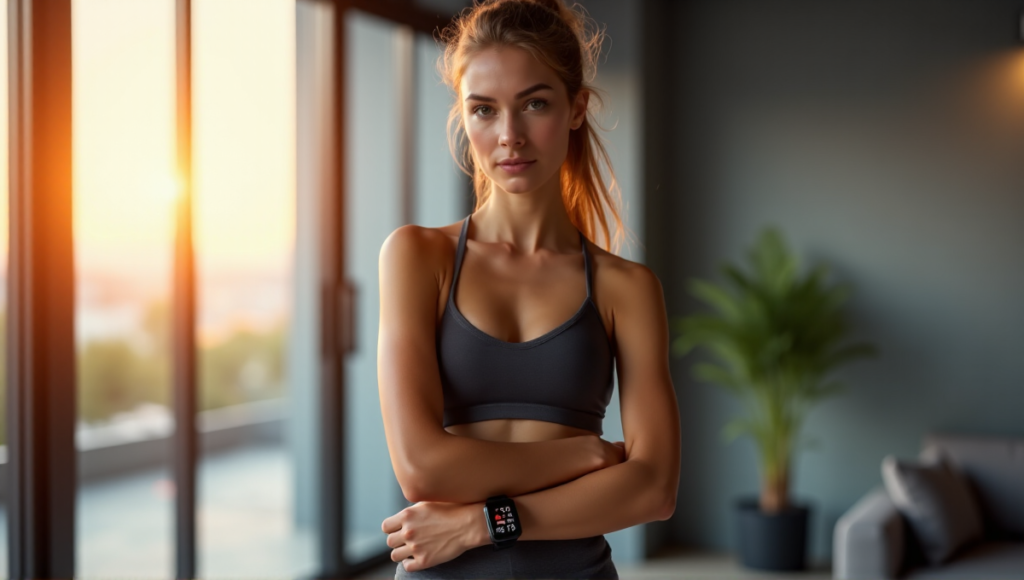 "A young adult woman wearing a sleek black smartwatch in a modern minimalist home gym, exuding determination and calmness as she prepares to reach her best wearables sports fitness goals."