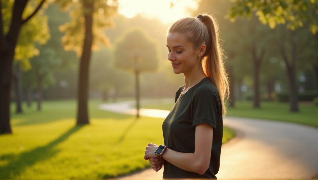 "A young woman wearing a sleek silver smartwatch with a high-resolution touchscreen display in a serene outdoor environment at dawn, showcasing her relaxed posture and focus on health monitoring."