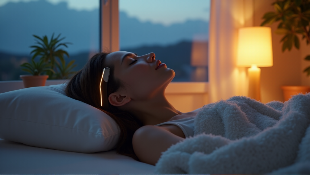 "A serene woman lies on her back wearing a sleek silver sleep wellness wearable device with soft LED lights, surrounded by a calming bedroom environment."