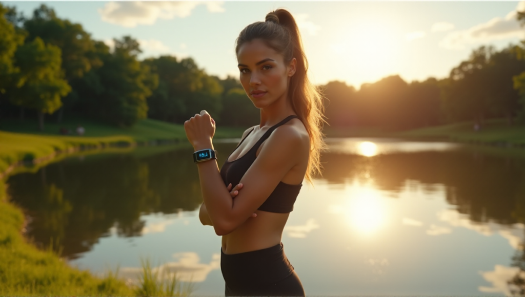 "A young woman wearing a sleek silver and dark blue wearable device with LED lights on her wrist, standing at a serene lake during golden hour, conveying determination."