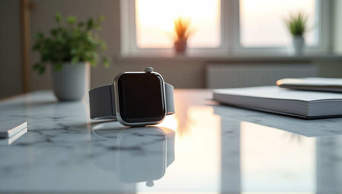 A sleek silver smartwatch on a white marble desk, surrounded by modern office supplies in a well-lit room with soft natural light, evoking high-tech elegance and innovation, ideal for best health monitoring wearables 2025.