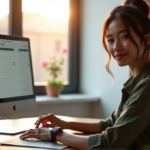 "A young professional woman sits at a minimalist desk with a smartwatch on her wrist and wireless earbuds in her ears, surrounded by organized workspace and natural light."