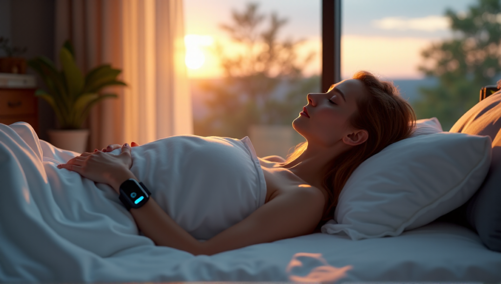 "A serene woman lies in a plush white bed at dusk, wearing a sleek black sleep wellness wearable device on her wrist, surrounded by warm golden light and minimalist decor."