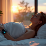 "A serene woman lies in a plush white bed at dusk, wearing a sleek black sleep wellness wearable device on her wrist, surrounded by warm golden light and minimalist decor."