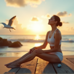 "A serene woman sits on a beach dock surrounded by various wearables like smartwatches, fitness trackers, and health monitors, promoting balance and harmony for best wearables sports fitness goals."