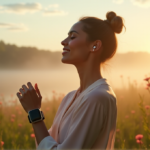 "A serene woman in a tranquil outdoor setting wears a sleek smartwatch and high-tech earbuds, exuding confidence and poise amidst lush greenery and vibrant wildflowers."