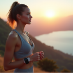 "A young woman stands outdoors on a serene hillside overlooking a tranquil lake at dawn, wearing sleek fitness trackers and minimalist sports watches, embodying balance between technology and nature."