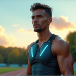 "A confident athlete wearing high-tech smart wearables on a scenic outdoor track with lush green trees and blue sky, focused on their next challenge."