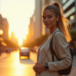 "A young woman wearing metallic silver smartwatch, earbuds, and a smartphone case strolls through an urban cityscape at sunset."