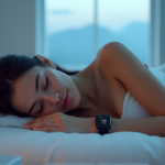 "A young adult lies peacefully on a minimalist white bed, surrounded by advanced health monitoring wearables and devices in a serene bedroom environment with soft morning light."