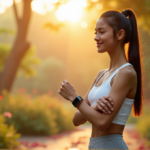 "A young woman stands in a serene outdoor setting, wearing a sleek smartwatch on her wrist, with a subtle smile as she balances morning routine amidst lush greenery and misty rain."