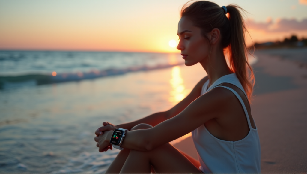 "A serene woman sits on a beach at sunset, wearing a smartwatch displaying heart rate and stress levels, surrounded by calm ocean waves."