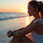 "A serene woman sits on a beach at sunset, wearing a smartwatch displaying heart rate and stress levels, surrounded by calm ocean waves."