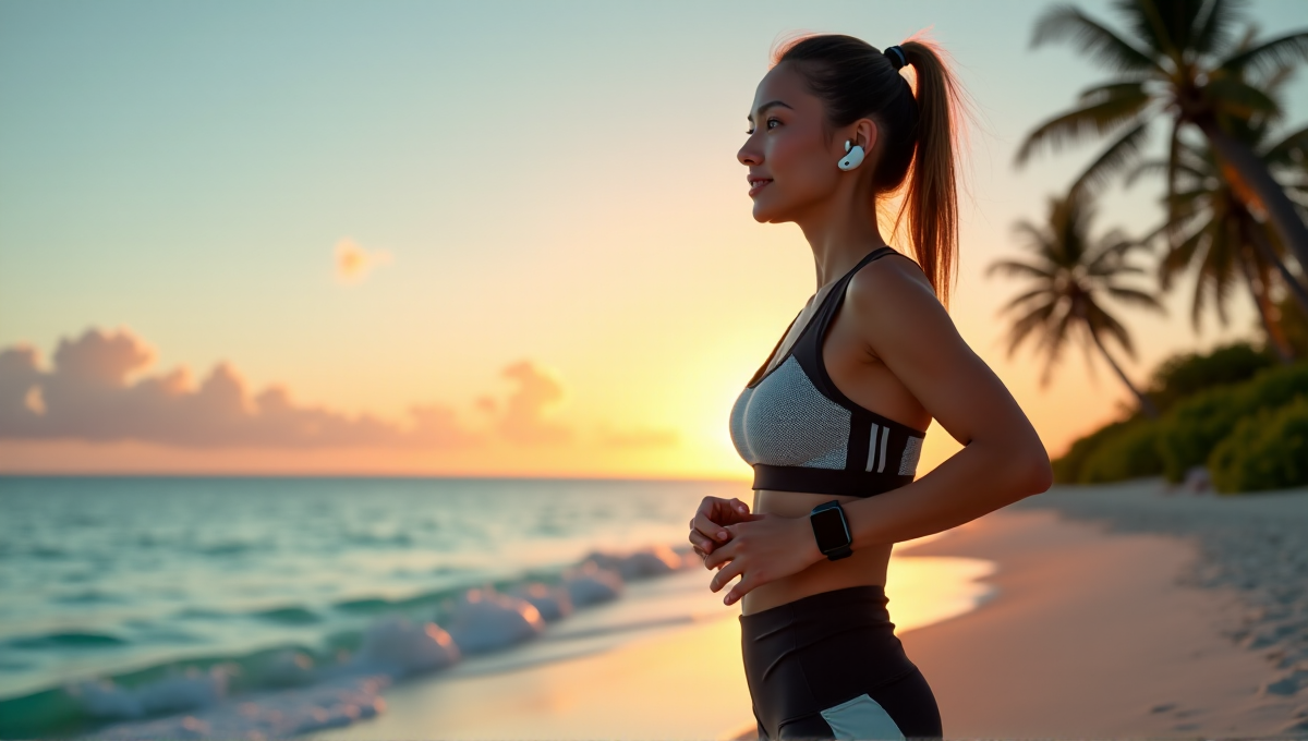 A young woman stands confidently on a serene beach at sunset, wearing a sleek smartwatch and fitness-tracking earbuds, exuding relaxed determination while gazing out at the ocean amidst palm trees and turquoise waters.