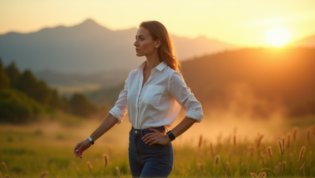 "A woman in her mid-30s stands confidently outdoors, wearing a smartwatch, earbuds, and fitness tracker, exuding balance and wellness."