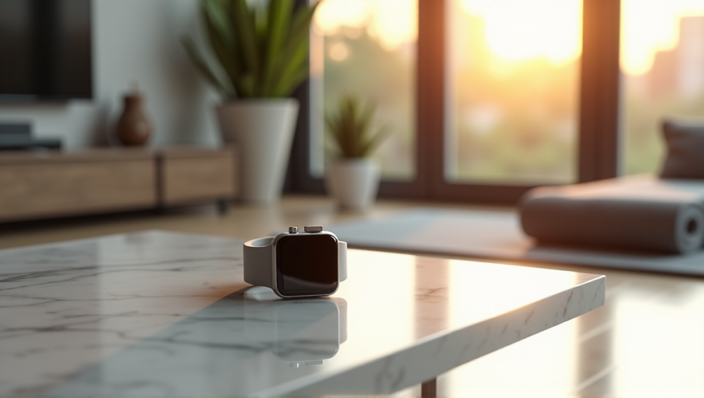 "A sleek silver smartwatch on a white marble surface surrounded by wellness objects in a modern living room with soft natural light."