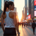 "A young woman walks towards a cityscape at dawn wearing a sleek silver smartwatch with high-resolution display, showcasing best wearables comprehensive health tracking features in action."