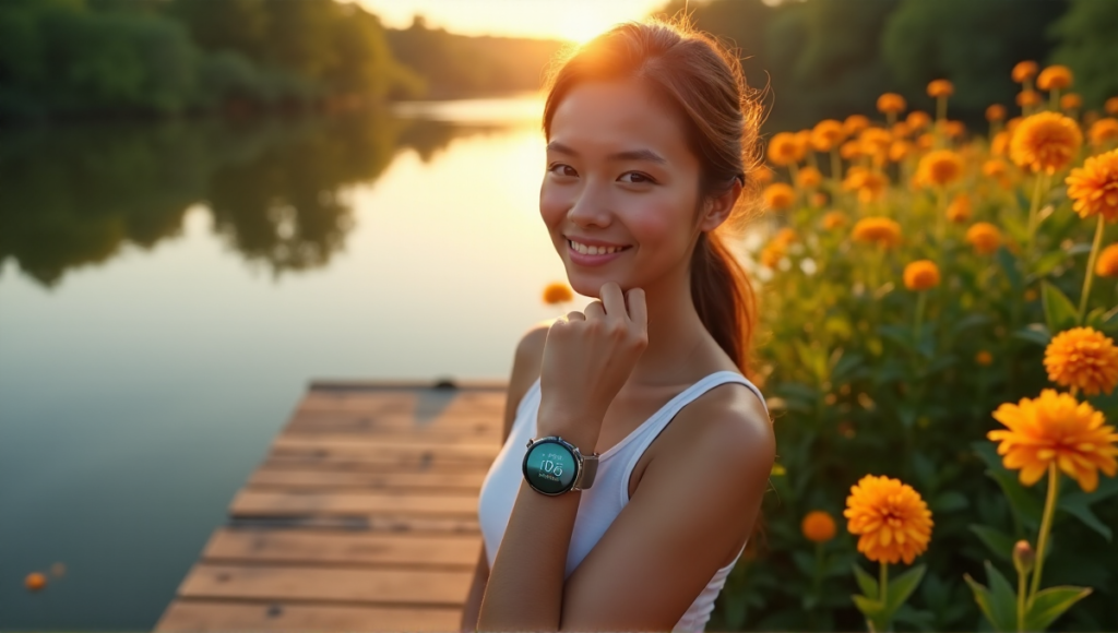 "A young woman stands barefoot on a wooden dock overlooking a serene lake at sunrise, wearing a sleek silver smartwatch with a large touchscreen display."