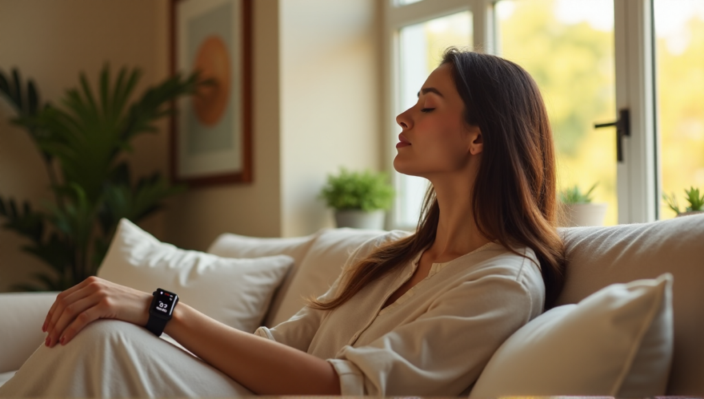 "A serene woman sits on a plush couch, wearing a sleek smartwatch displaying her heart rate, exuding deep tranquility amidst calming artwork and plants."