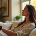 "A serene woman sits on a plush couch, wearing a sleek smartwatch displaying her heart rate, exuding deep tranquility amidst calming artwork and plants."