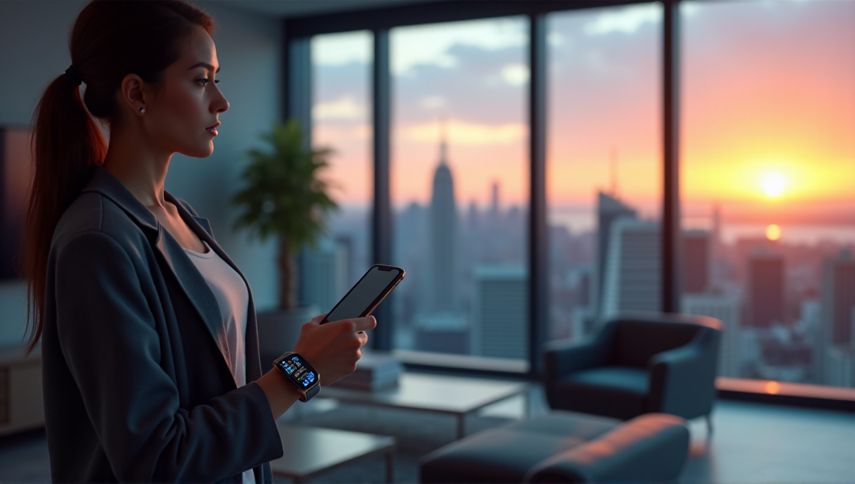 A young woman wearing a sleek silver smartwatch with high-resolution display in a modern living room overlooking a serene cityscape at sunset.