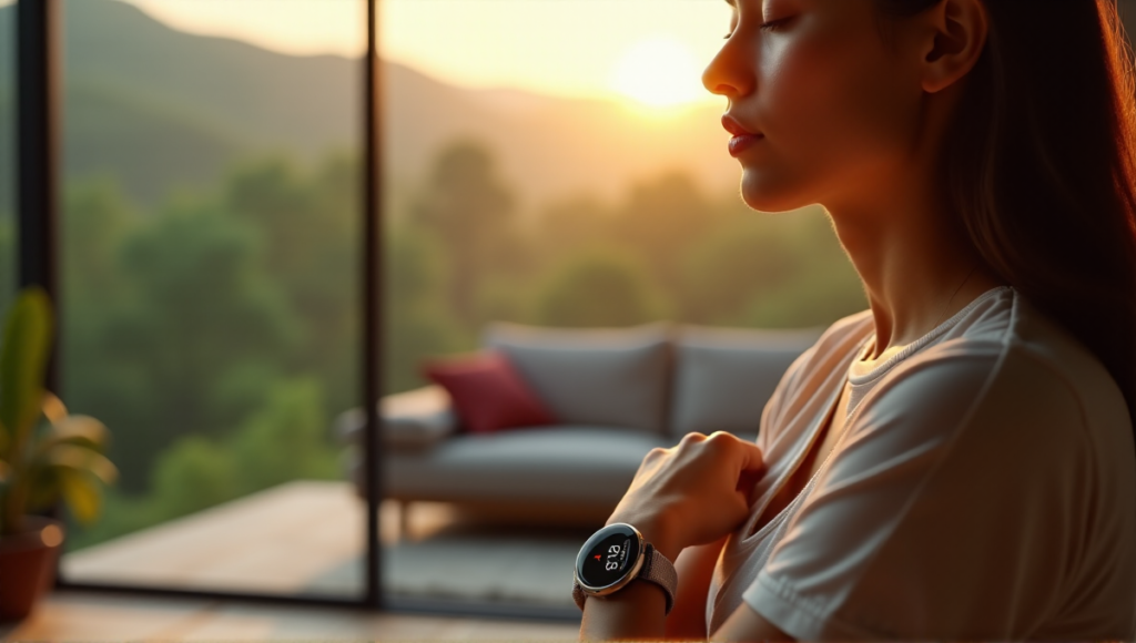 A person wearing a sleek silver heart rate monitor on their wrist in a serene morning setting, surrounded by lush greenery and soft light, evoking feelings of calmness and relaxation.