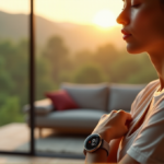 A person wearing a sleek silver heart rate monitor on their wrist in a serene morning setting, surrounded by lush greenery and soft light, evoking feelings of calmness and relaxation.