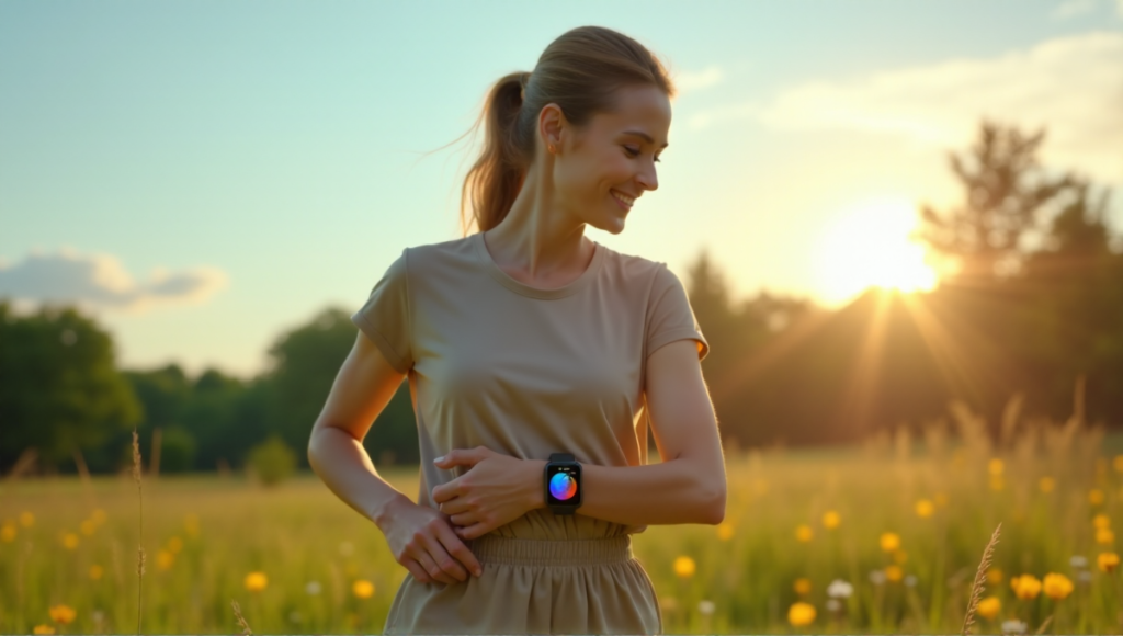 "A young woman wearing a sleek smartwatch in a serene morning park scene, surrounded by lush greenery and vibrant wildflowers, showcasing her daily activity levels on the watch's screen."