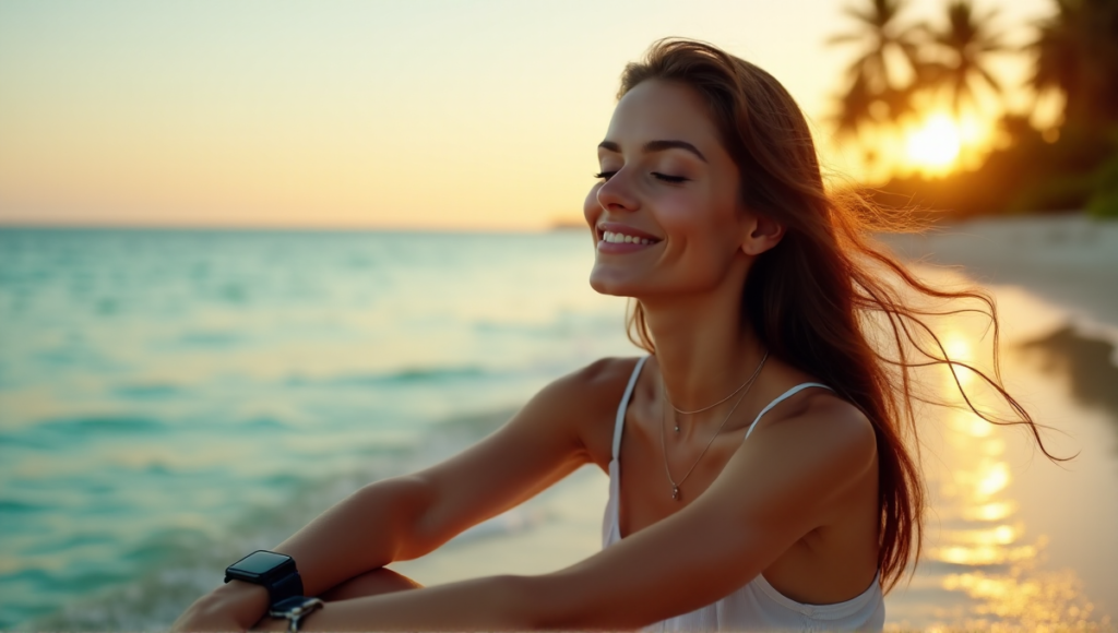 "A serene woman sits on a tranquil beach at sunset, wearing a sleek black smartwatch with a silver heart rate monitoring strap, embodying effortless balance and wellness through best health monitoring wearables 2025."