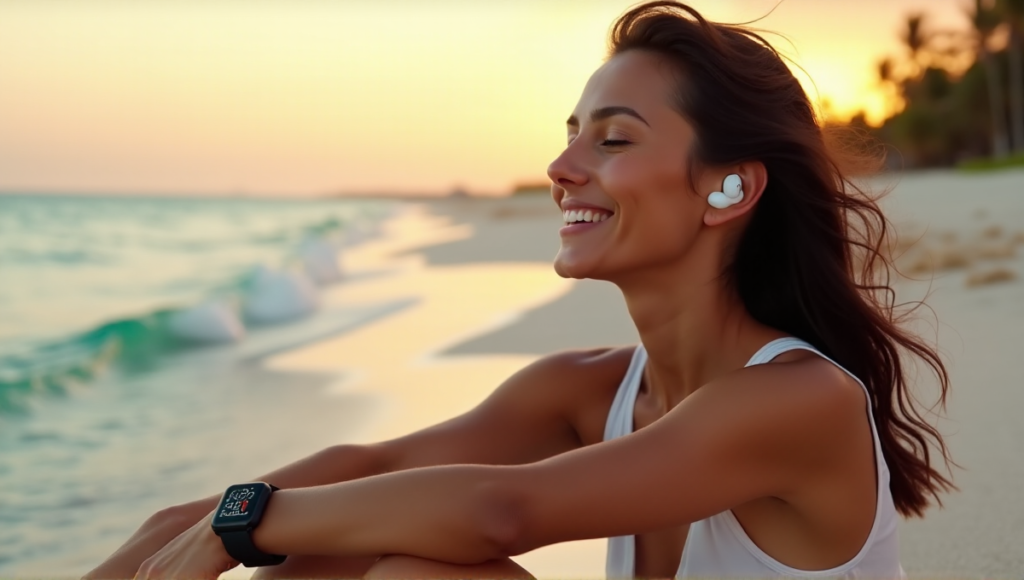 "A young woman sits on a serene beach at sunset, wearing sleek black sports watch with silver strap and high-tech earbuds, exuding effortless balance and wellness."