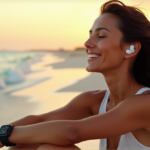"A young woman sits on a serene beach at sunset, wearing sleek black sports watch with silver strap and high-tech earbuds, exuding effortless balance and wellness."