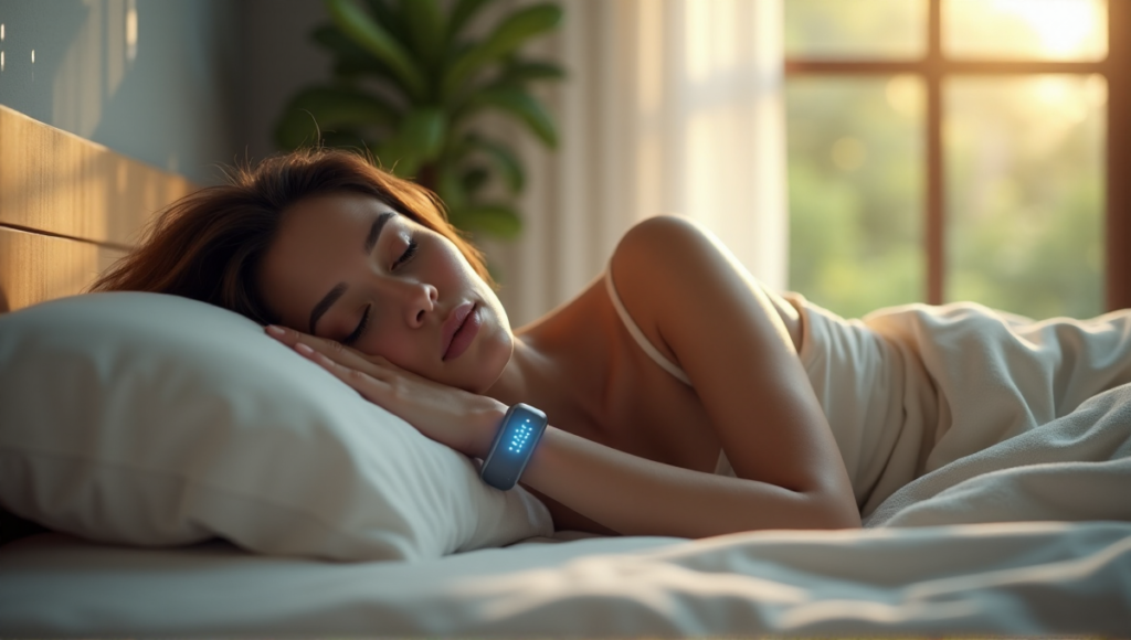 "A serene woman lies on her side in a calming bedroom environment, wearing a sleek sleep wellness wearable device with soft blue LED lights, surrounded by soothing colors and natural light."
