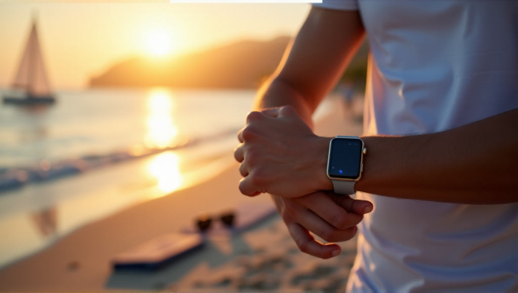 "A person wearing a sleek silver smartwatch on a serene beach at sunrise, surrounded by calm ocean water and distant sailboat."
