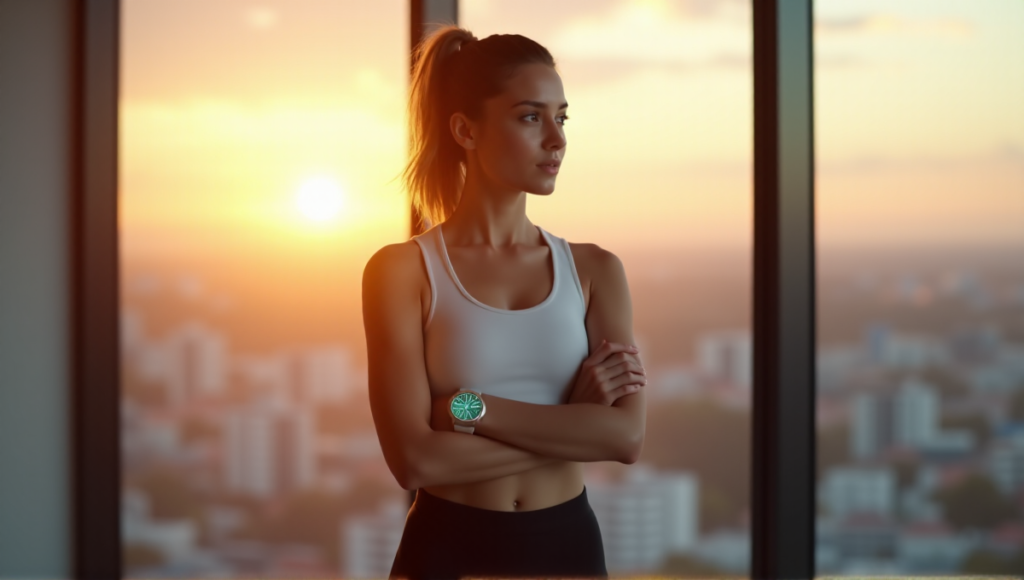 "A young woman wearing a sleek silver and dark grey health monitoring wearable on her wrist stands confidently in front of a serene cityscape at sunset, with calm determination and control over her wellbeing."