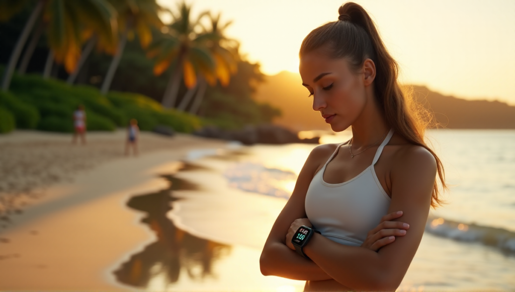 "A young woman stands confidently on a serene beach at sunrise, wearing Pulse's latest smartwatch, with fitness metrics displayed on its screen."