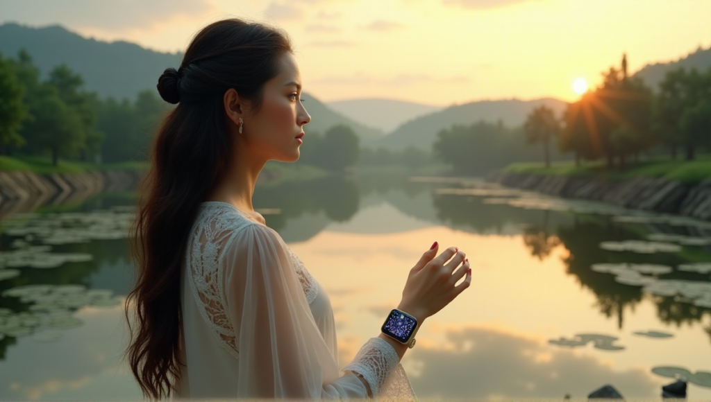 "A young woman wearing a sleek silver smartwatch surrounded by circuitry, set against a serene landscape of rolling hills, lake, and trees, capturing peaceful coexistence between technology and nature."