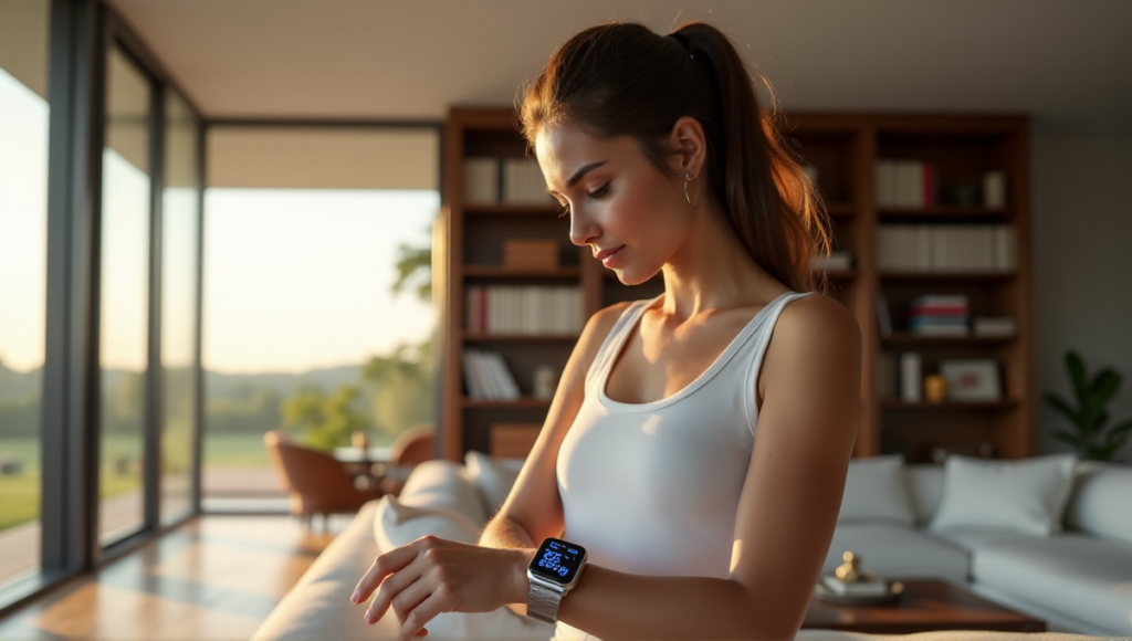 "A young woman stands in a minimalist living room, wearing a sleek silver smartwatch with pulsing blue lines indicating health metrics and notifications on her wrist."