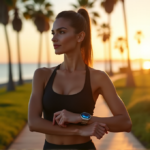 "A young woman in athletic gear stands confidently on a coastal path at sunrise, wearing a high-end smart activity tracker with a silver band."