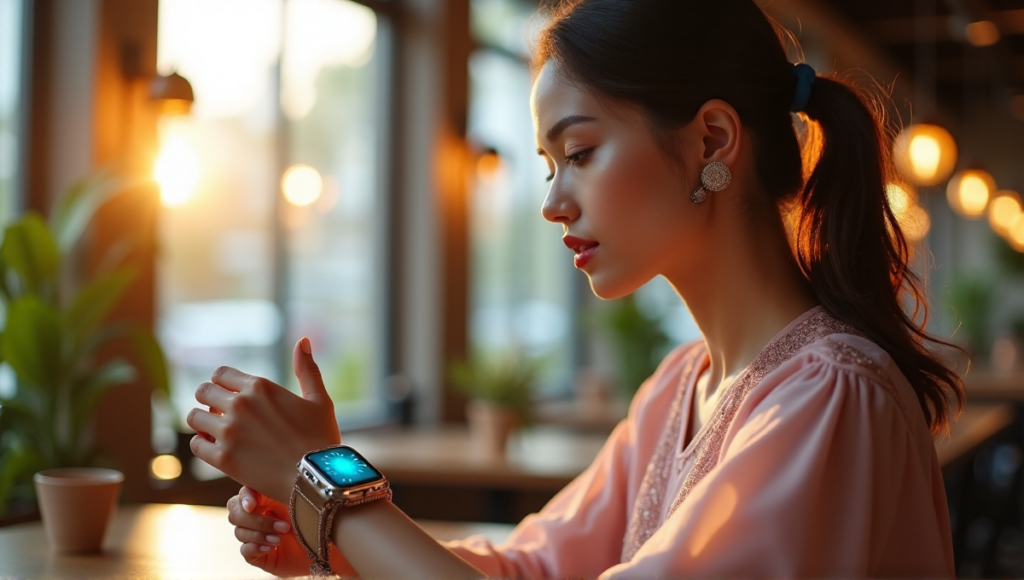 "A young woman wearing a sleek smartwatch with gradient blue interface, surrounded by metallic glow, in a trendy coffee shop setting, showcasing modern fashion-forward wearable technology."